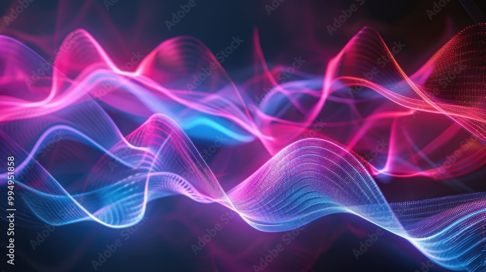 Laser light beams forming dynamic wave patterns in neon colors, set against a dark, mysterious background Laser light beams forming dynamic wave patterns in neon colors, set against a dark, mysterious background
