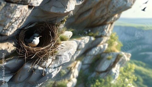 Cliffside Haven: Birds Nesting Amidst Natures Rugged Beauty in Photorealistic Detail photo