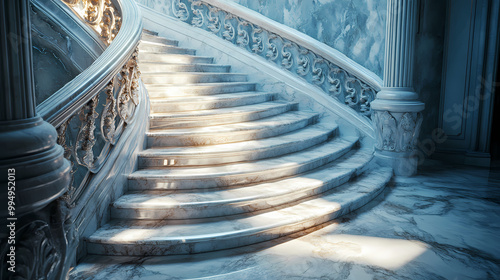 Opulent marble staircase with intricate baroque details soft ambient lighting accentuating the curves and patterns of the stone. Baroque Architecture. Illustration photo