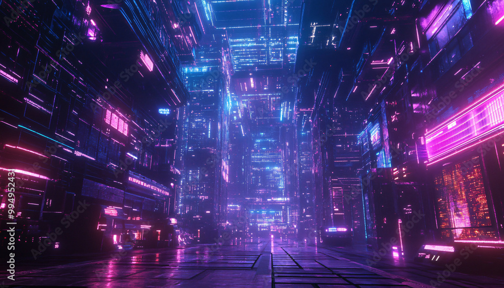 Fototapeta premium A retro-futuristic design with neon grids, VHS glitches, and pixelated elements, taking inspiration from 80s sci-fi movies and video games