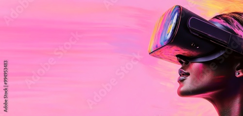 Close-up shot of vibrant virtual reality goggles, blending futuristic tech with impressionist brush strokes, vivid colors dance