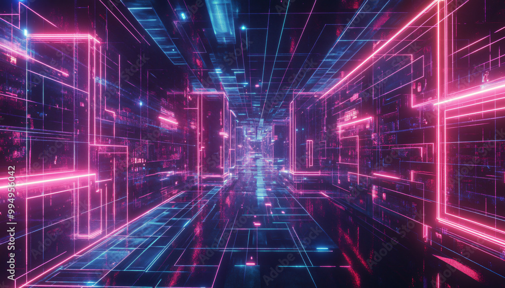 A retro-futuristic design with neon grids, VHS glitches, and pixelated elements, taking inspiration from 80s sci-fi movies and video games A retro-futuristic design with neon grids, VHS glitches, and pixelated elements, taking inspiration from 80s sci-fi movies and video games