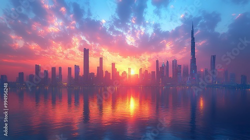 Futuristic smart city at sunset, skyscrapers reflecting in a blue background.