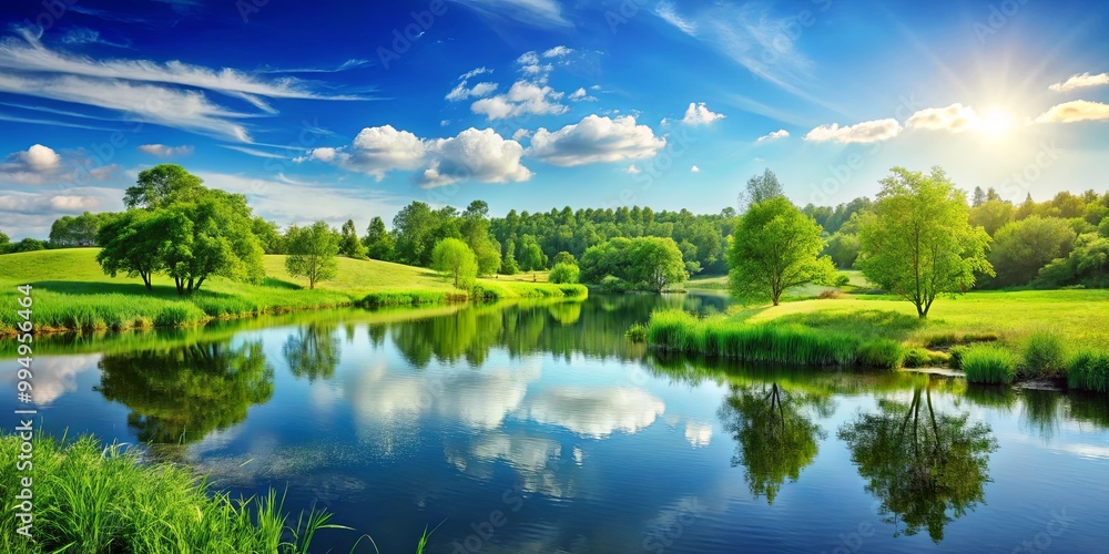 Fototapeta premium A serene landscape featuring a tranquil pond with lush green trees reflected in the still water, surrounded by rolling hills and a vibrant sky adorned with fluffy clouds