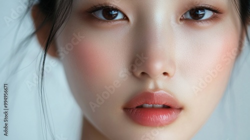 Close-up Portrait of a Woman with Brown Eyes and Rosy Cheeks