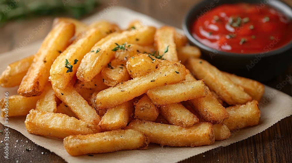 Golden French fries are served with red tomato ketchup, offering a tasty potato snack. Golden French fries are served with red tomato ketchup, offering a tasty potato snack.