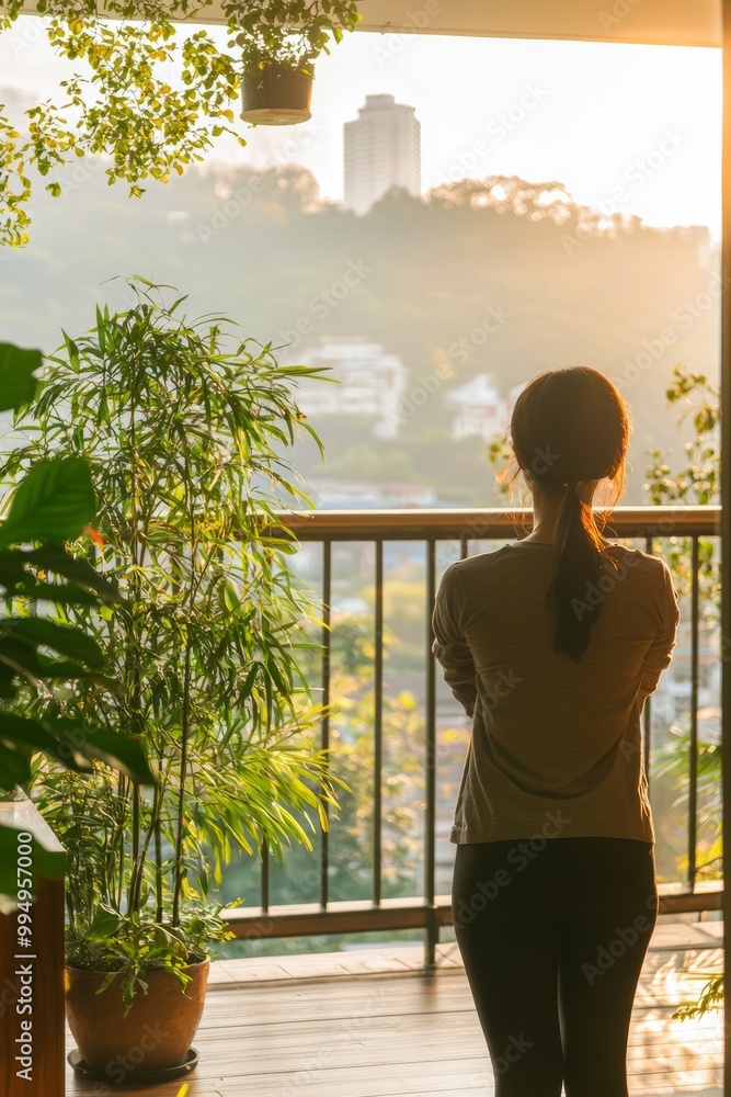 Fototapeta premium A Person Stretching On A Balcony With A Stunning View. The Practice Encourages Mindfulness And Appreciation For The Surround