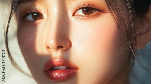 Close-up Portrait of a Woman's Face with Sunlit Skin and Glossy Lips