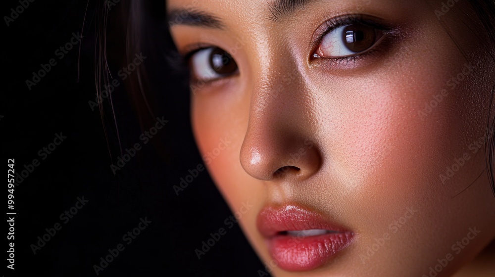 Close-up of a Woman's Face with Glossy Lips and Focused Eyes Close-up of a Woman's Face with Glossy Lips and Focused Eyes