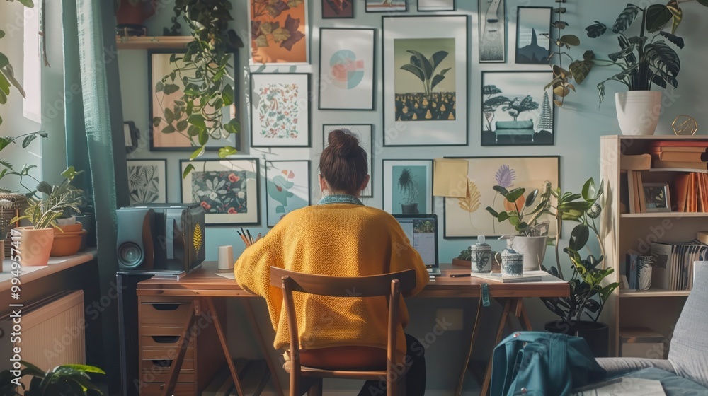 Cozy home office with inspirational posters a young professional setting ambitious goals Cozy home office with inspirational posters a young professional setting ambitious goals