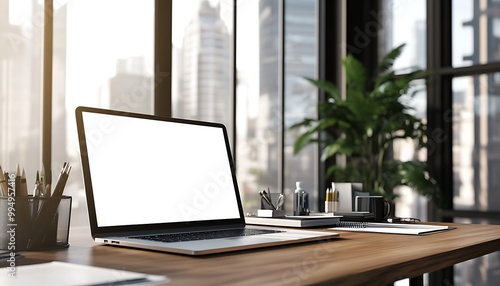 Wallpaper Mural Modern Businessman's Office with Laptop Mockup on Wooden Desk Torontodigital.ca