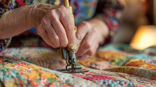 Craftsperson sewing a handmade quilt photo