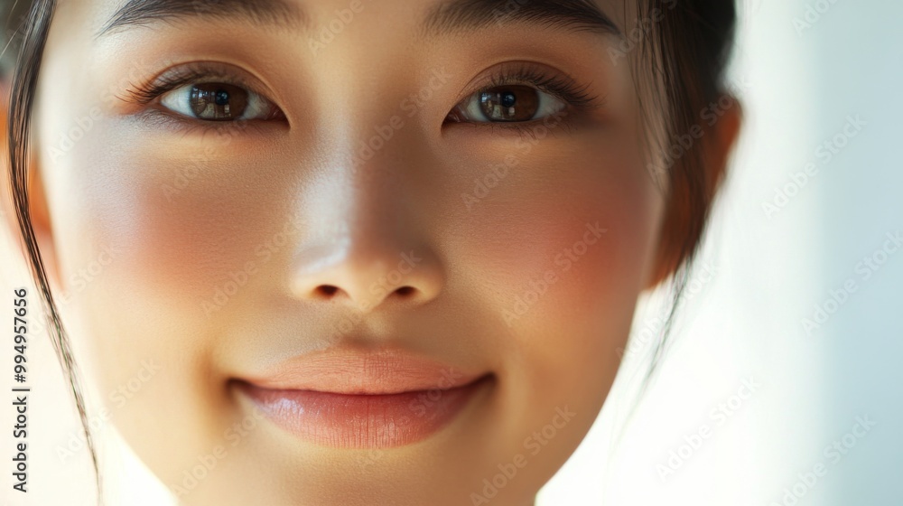 Close-up portrait of a young woman with brown eyes and a subtle smile Close-up portrait of a young woman with brown eyes and a subtle smile