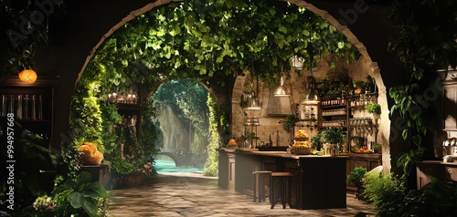 Frontal view of a mystical forest kitchen where trees grow pasta, rivers flow with chocolate, enchanting details