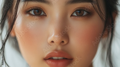 Close-up Portrait of a Young Woman with Brown Eyes and Rosy Cheeks photo