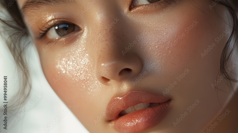 Close-up of a Woman's Face with Shiny Skin and Glimmering Eyes Close-up of a Woman's Face with Shiny Skin and Glimmering Eyes