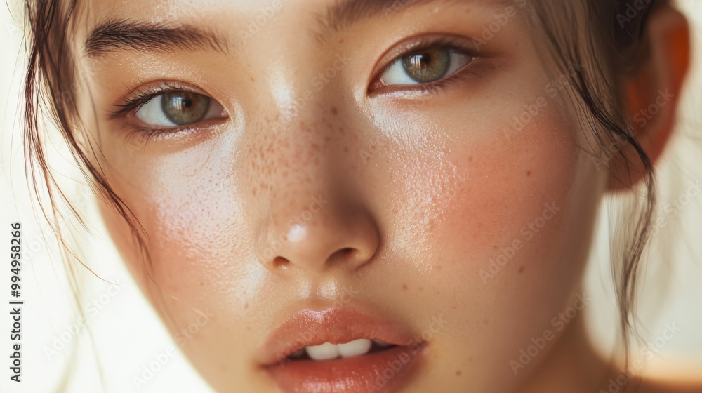 Obraz premium Close-up Portrait of a Woman with Freckles and Dewy Skin