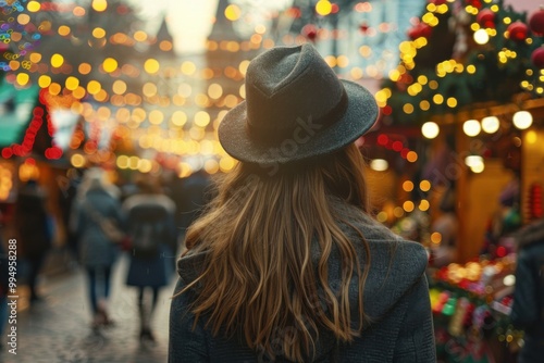 A girl in a hat walks through a Christmas market, rear view, daylight