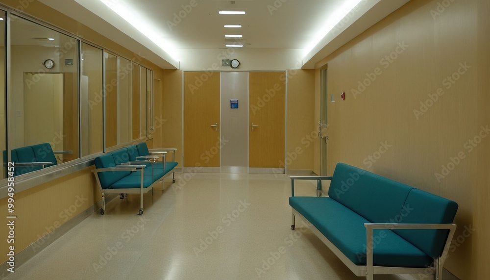 hospital bright corridor with rooms and blue seats 3D rendering 22 hospital bright corridor with rooms and blue seats 3D rendering 22