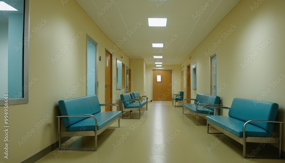 Long hospital corridor with empty seats and seats 3D rendering 21 Long hospital corridor with empty seats and seats 3D rendering 21