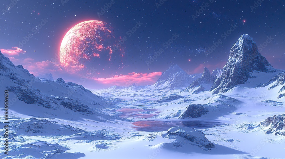 Snowy mountains are set against a distant planet, creating a dramatic and otherworldly scene. Snowy mountains are set against a distant planet, creating a dramatic and otherworldly scene.