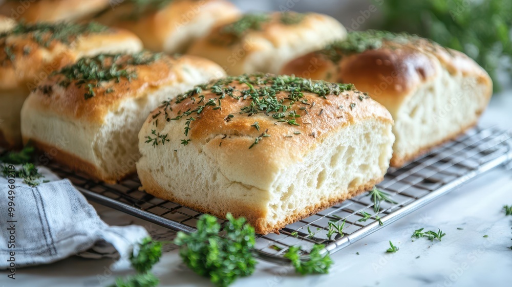 Fresh herb-topped bread cooling on a wire rack, parsley and rosemary scattered around, country kitchen vibe Fresh herb-topped bread cooling on a wire rack, parsley and rosemary scattered around, country kitchen vibe