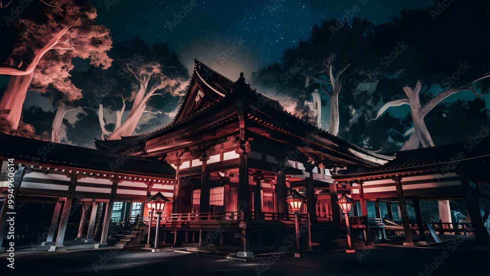 Japanese Temple Illuminated by Lantern Light at Night Japanese Temple Illuminated by Lantern Light at Night