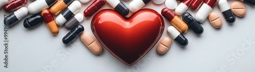 Colorful capsules surround a red heart symbolizing health and wellness on a white isolated background. photo