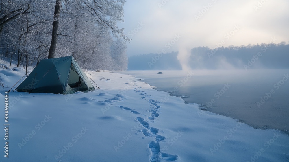 A lone tent on a snowy lakeshore with footprints in the fresh powder. A lone tent on a snowy lakeshore with footprints in the fresh powder.