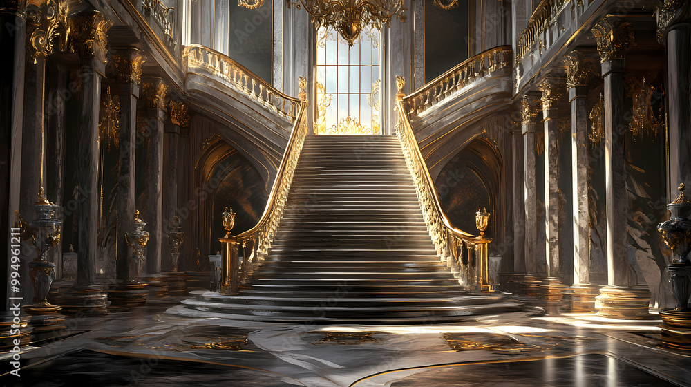 Obraz premium Opulent baroque interior showcasing a grand staircase. Baroque Architecture. Illustration