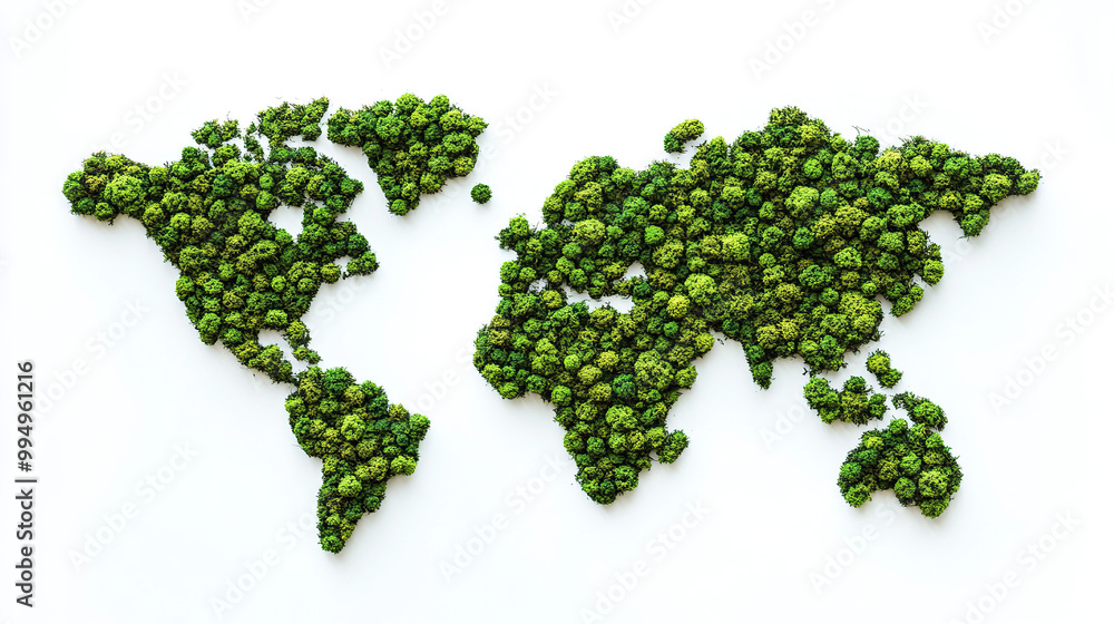 A world map made of green moss, isolated on a white background. A world map made of green moss, isolated on a white background.