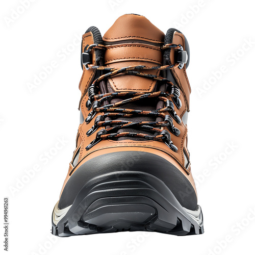 Close-up of a rugged brown hiking boot with detailed laces and durable sole, ideal for outdoor adventures and trekking. photo