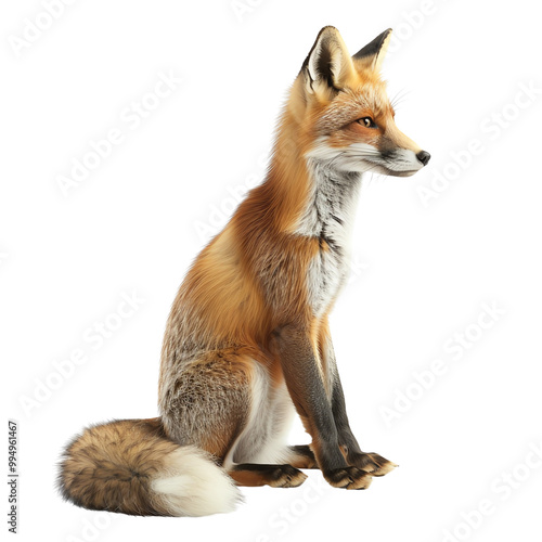 A vibrant and detailed stock photo of a red fox sitting gracefully, showcasing its beautiful fur and alert expression.