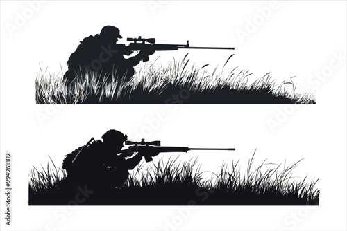 Silhouette of a Man with Sniper Gun Hunting Animals