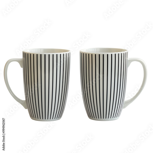 Two ceramic coffee mugs with vertical black and white stripes, perfect for hot beverages at home or in the office. Stylish and modern design. photo