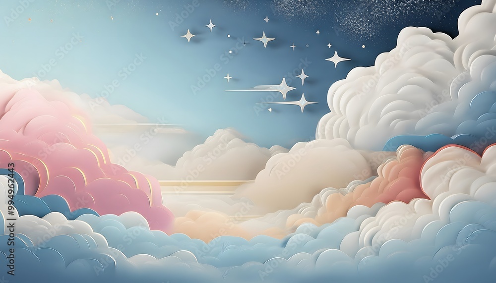 The sky background is filled with pastel fluffy clouds in a paper layer format. The sky background is filled with pastel fluffy clouds in a paper layer format.