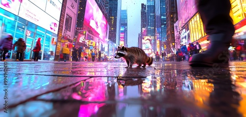 Low-angle perspective of a curious raccoon on a bustling sidewalk, towering buildings around, neon lights reflecting, urban discovery photo