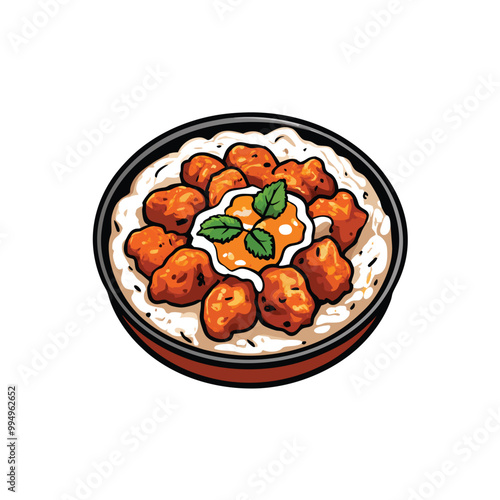 A realistic illustration of chicken tikka masala in a bowl with grilled chicken, garnished with a sprig of mint.