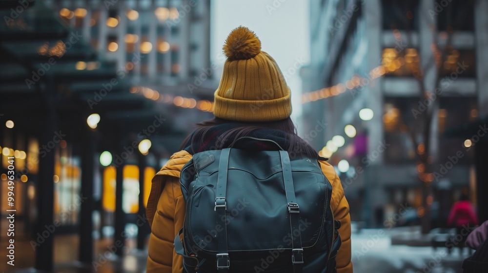 Solo Traveler Exploring City in Winter, Backpack and Beanie Hat, Urban Adventure Photography Solo Traveler Exploring City in Winter, Backpack and Beanie Hat, Urban Adventure Photography