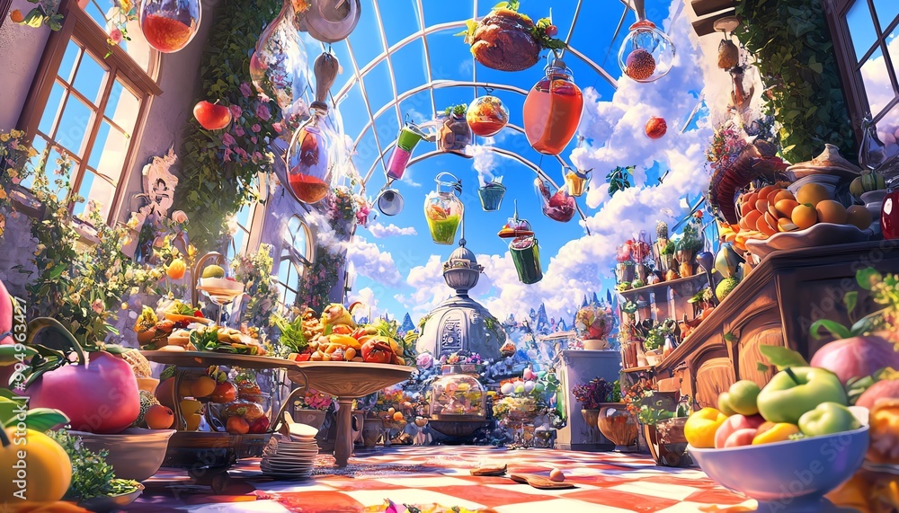Fototapeta premium Low-angle view of a whimsical kitchen, magical creatures cooking vibrant dishes, floating ingredients, enchanting atmosphere