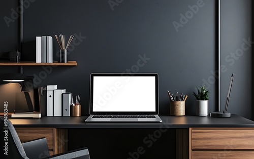 Stylish Businessman's Room with Laptop Mockup on Modern Desk