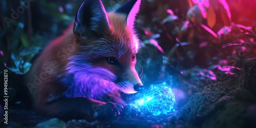 Macro shot of a curious fox interacting with a holographic interface in a lush forest, vibrant colors merging technology and wildlife, an enchanting blend of two worlds photo