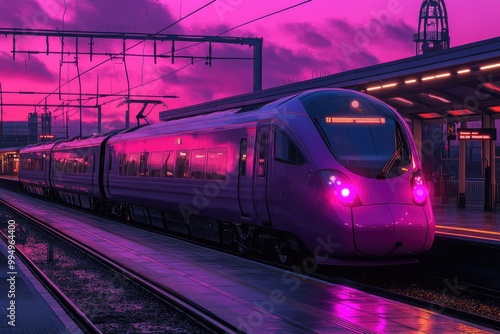 Modern electric trains speeding through vibrant urban cityscape. photo