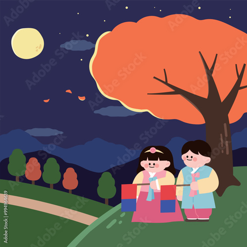 Children in Hanbok Looking at the Full Moon