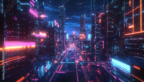 A retro-futuristic design with neon grids, VHS glitches, and pixelated elements, taking inspiration from 80s sci-fi movies and video games