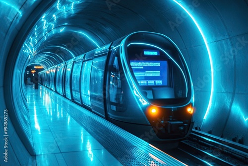 Modern electric trains speeding through vibrant urban cityscape. photo