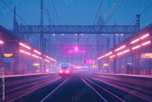 Modern electric trains speeding through vibrant urban cityscape. photo