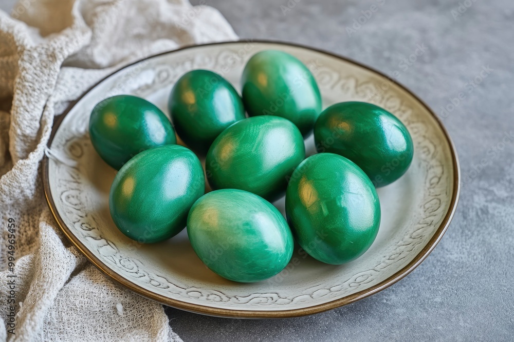 Seven emerald Easter eggs in a plate. Close up, soft focus, painted with wax and food colors. Easter holiday concept. Homemade, handmade, top view. -generative ai Seven emerald Easter eggs in a plate. Close up, soft focus, painted with wax and food colors. Easter holiday concept. Homemade, handmade, top view. -generative ai