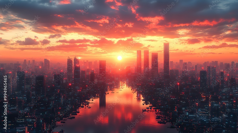 Fototapeta premium Sunset in a smart city, skyscrapers reflecting in a futuristic graphic.