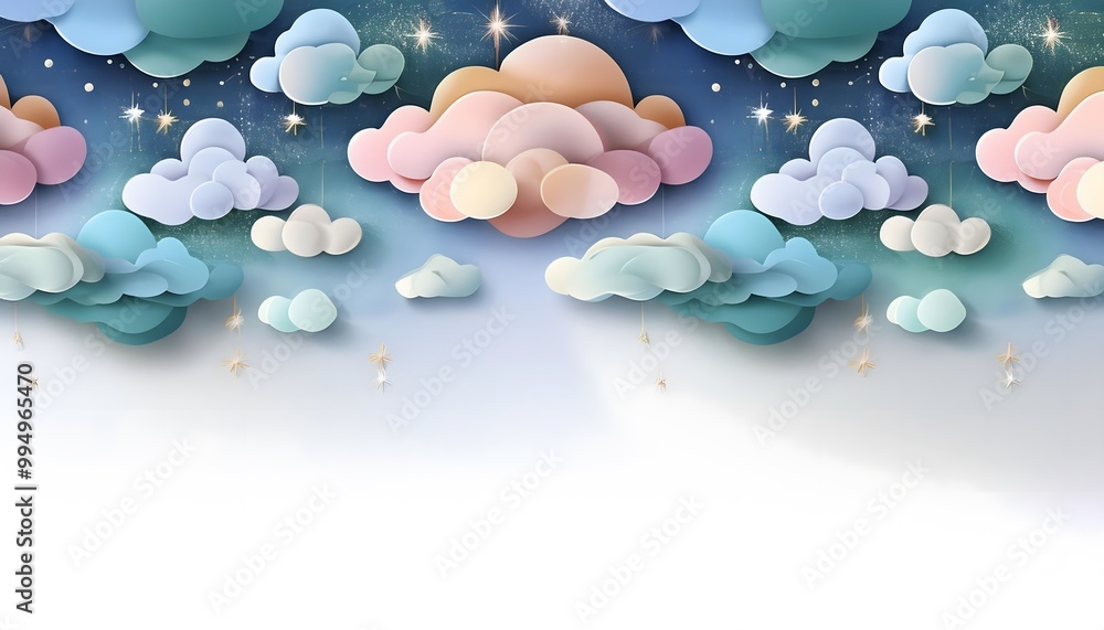 The sky background is filled with pastel fluffy clouds in a paper layer format. The sky background is filled with pastel fluffy clouds in a paper layer format.